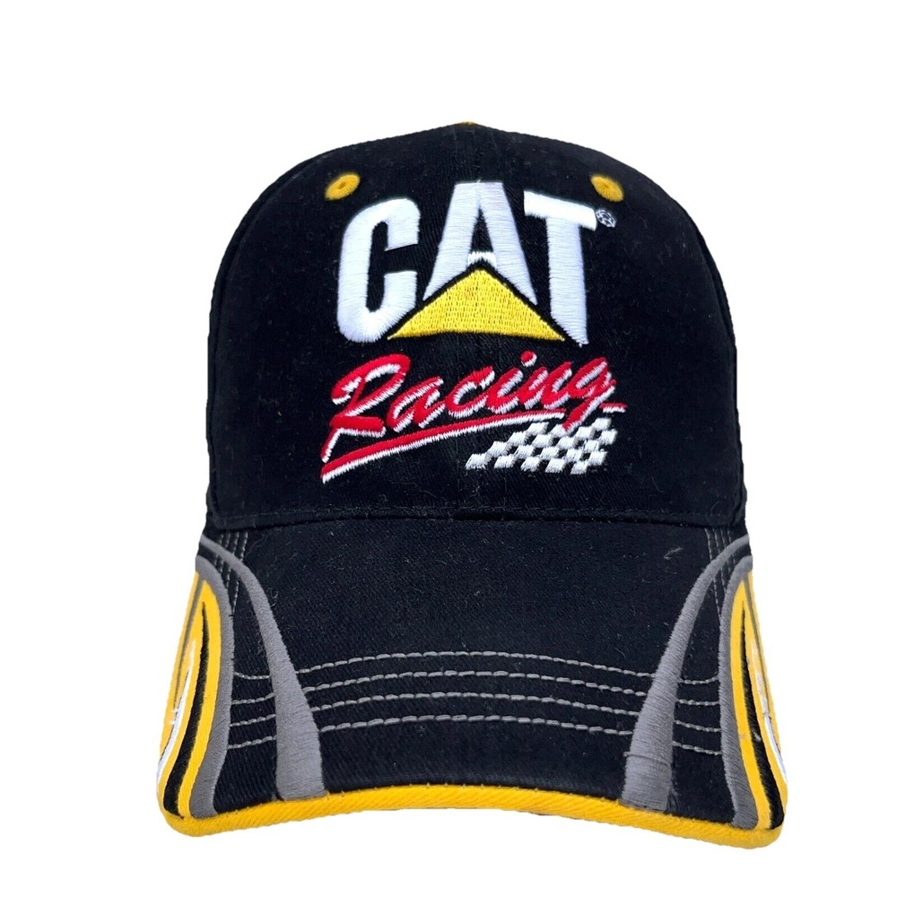 Vintage Nascar Hat Cap Strap Back Black Yellow CAT Racing Caterpillar Y2K 00s